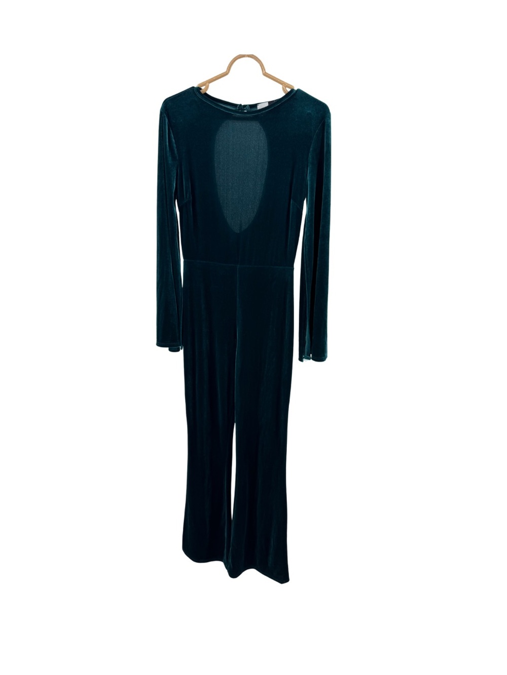 Velvet Emerald Green Long Sleeve Keyhole split sleeve flare leg jumpsuit M